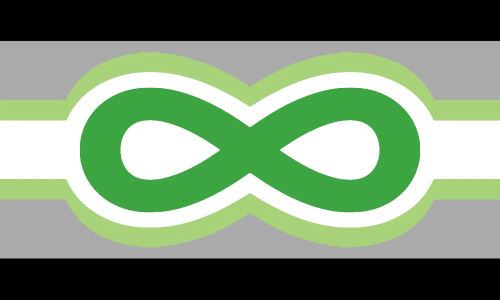 five horizontal stripes - black, gray, white, gray, black - with a dark aro green infinity symbol in the middle, which vertically reaches middles of the gray stripes and has a white and light aro green outline. The colors are from the aromantic flag and as such they represent aromantic spectrum, while the infinity symbol represents the autism spectrum.